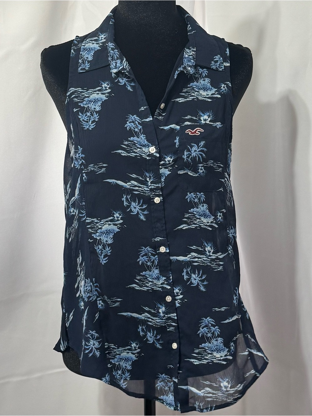 Hollister Tropical Palm Tree Sleeveless Button Up Top M Navy Blue Coastal Surf